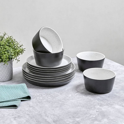 Sango Stockholm Black/White Stoneware Dinnerware Set - Service For 4, Plate & Bowl Set