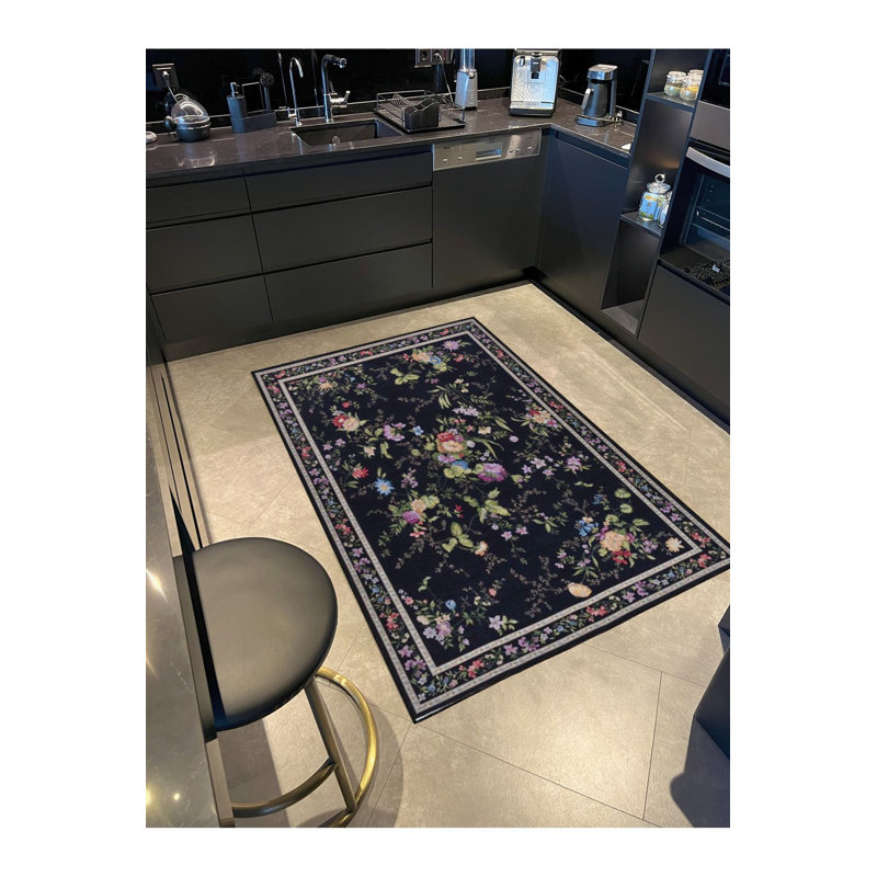 Tapis noir lavable à motif botanique, Tapis de couloir 2 pi 6 po x 6 pi 7 po inclus