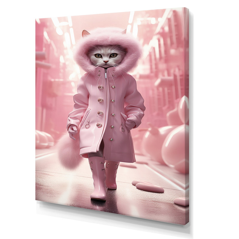 Chat blanc Fashionista en manteau rose, H 20 po x l 12 po, Toile tendue