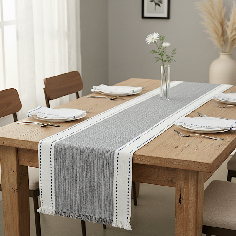 Cotton Woven Table Runner Striped Extra Long Gray Dining Table Runner, Farmhouse Style Dresser Scarf Grey 14" x 90" Long