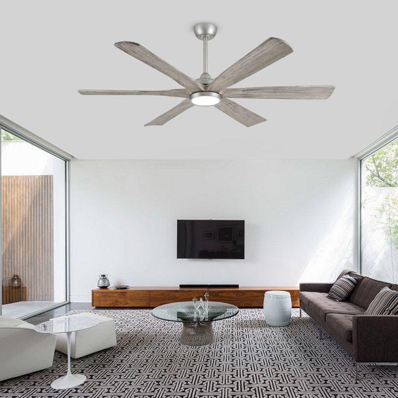 Ventilateur de plafond 6 pales en bois massif avec lumière DEL et télécommande Modern, Argent, 72 po de largeur, Gris