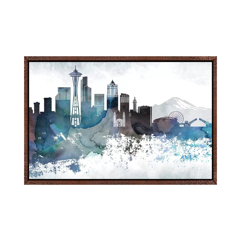Seattle Bluish Skylines - Print on Canvas, 66.04 cm H x 45.72 cm W, Classic Brown Wood Framed