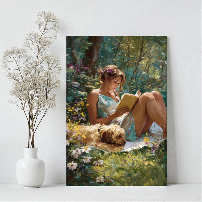 «Woman Reading Book in Floral Forest with Dog», art mural sur toile tendue avec cadre intérieur en bois massif, prête à être accrochée