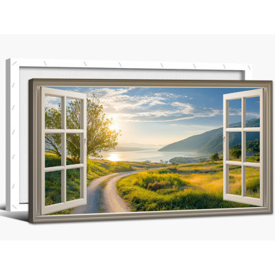 Art mural printanier au printemps, toile murale nature fenêtre ouverte, œuvre d'art de paysage pittoresque, peinture matinale vibrante pour le salon et la chambre à coucher, 16 x 32 pouces
