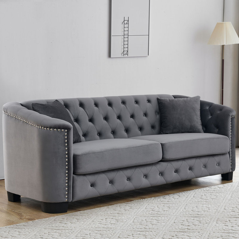 Canapé Hafid, Velours gris velours, H 30 po x l 77 po x P 31,5 po
