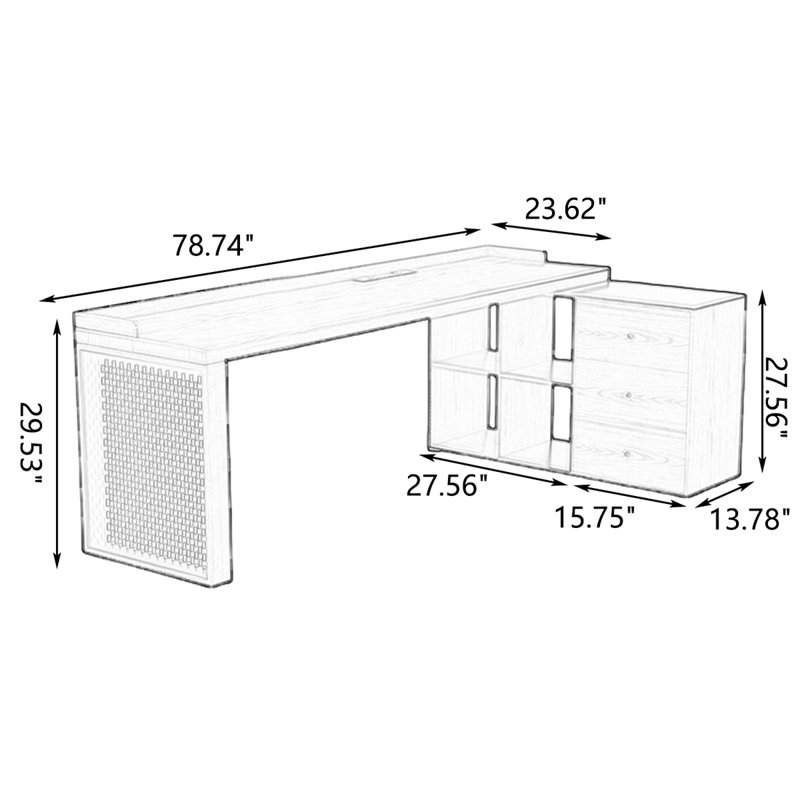 Bureau rectangulaire en bois massif brun clair avec 3 tiroirs, H 29,53 po x l 78,74 po x P 43,31 po