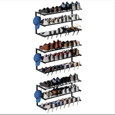 Wall Mounted Shoe Rack, Hanging Shoe Rack Holds 24 Pairs, 17"-30"Adjustable Heavy Duty Metal Shoe Organizer Holder With 4 Storage Hooks, 3 Tier, 3 Pac