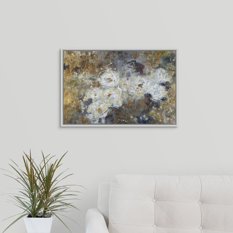 « golden fleurings », peinture sur toile, H 17,7 po x l 25,7 po x p 1,75 po, Cadre flottant blanc