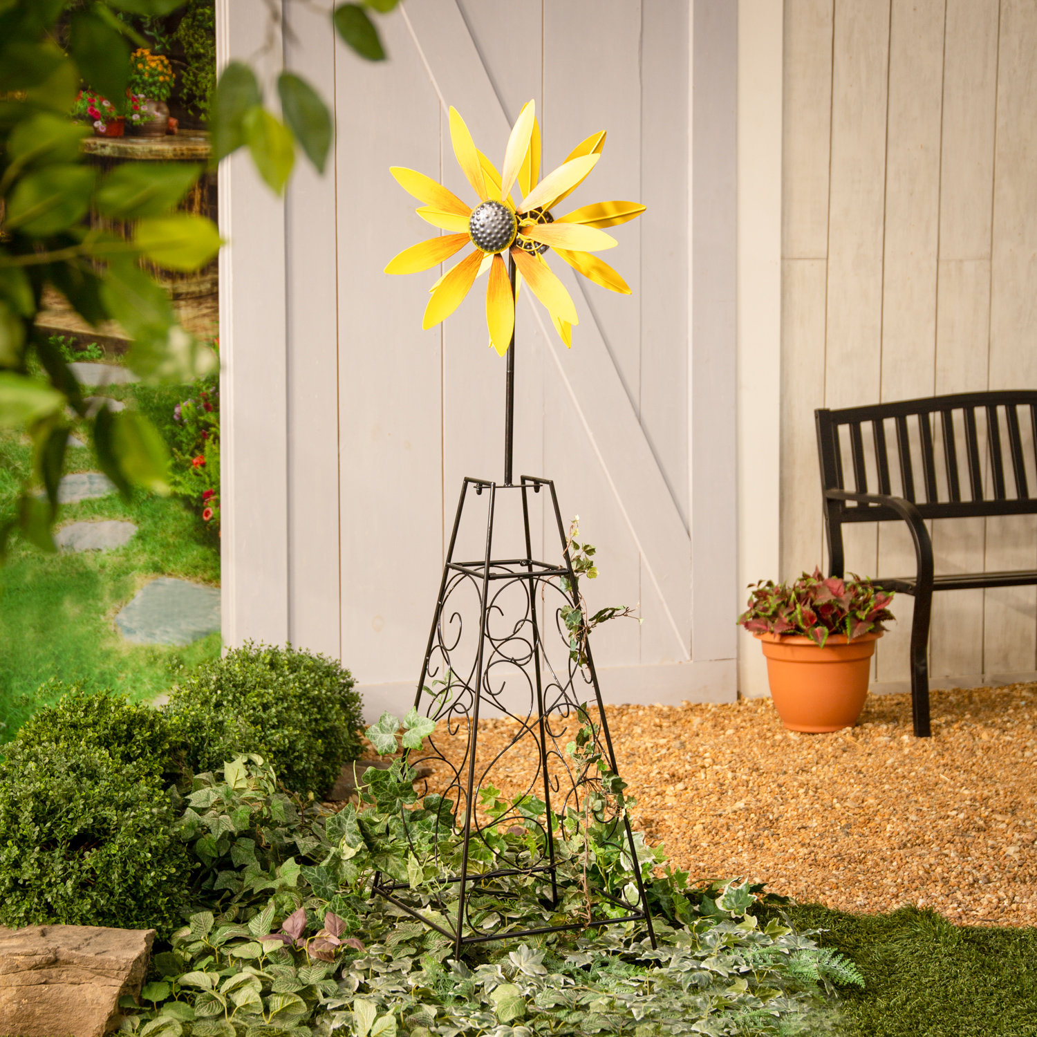 Arlmont & Co. Sachelle Yellow Flower Wind Spinner Trellis | Wayfair