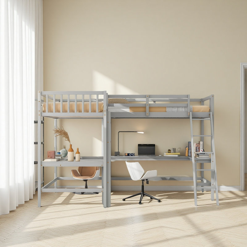 Lit mezzanine simple en bois en forme de L avec échelle et 2 bureaux intégrés en forme de L, Gris