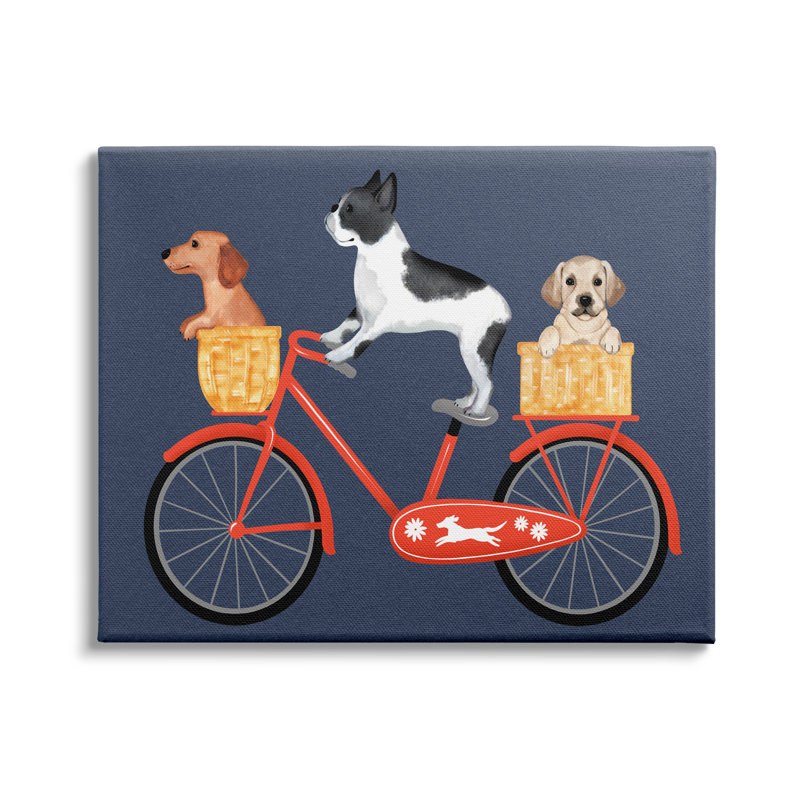 Chien, bicyclette, trio, chiots, paniers, vélo rouge par Jo Taylor - impression, H 16 po x l 20 po x P 1,5 po, Toile tendue