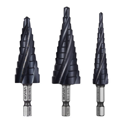 Step Drill Bit Set, 1/8 - 7/8 inch, 3 Pieces Step Drill Bits, 1/4 inch Hex Shank, TiAlN Coating Cobalt HSS High Speed Steel, for Metal, Stainless Steel, Aluminum, Wood, Plastic, Fibreglass