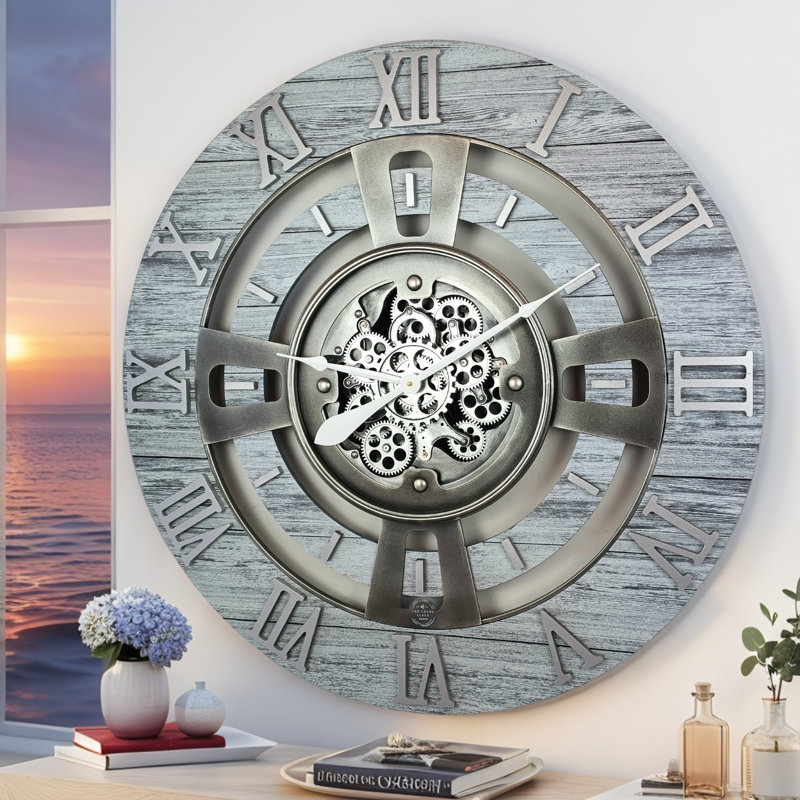Solid Wood Wall Clock, Silver Grey, Large 61cm