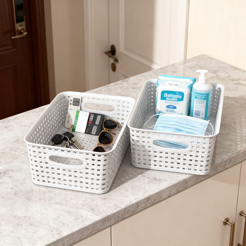 Plastic Woven Storage Baskets With Handles, Multipurpose Organizer Bins For Home And Office, Durable And Easy To Clean, Set Of 6