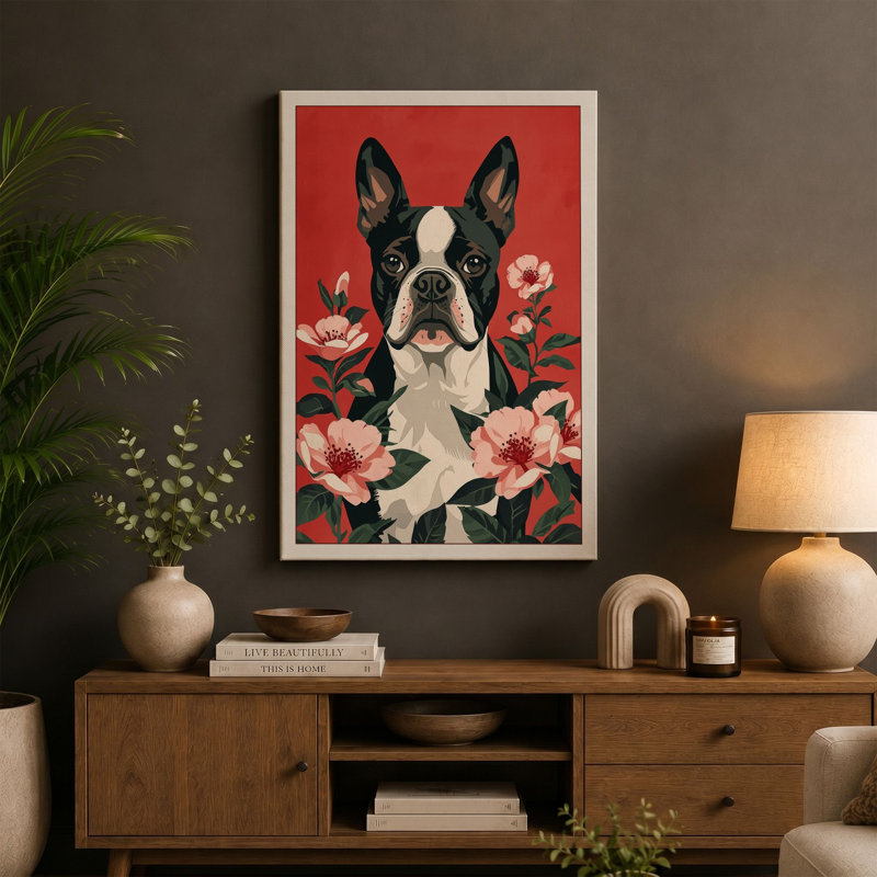 Boston Terrier in Bloom Botanical - Wrapped Canvas, 30x20 - 76.2 x 50.8 cm, White Border