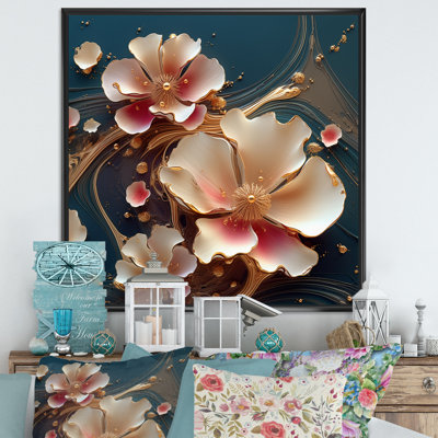 «Blooming Pink Magnolia Abstract Flower On Blue», reproduction sur toile