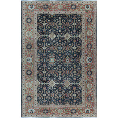 Tapis bleu et rouille de haute qualité noué à la main