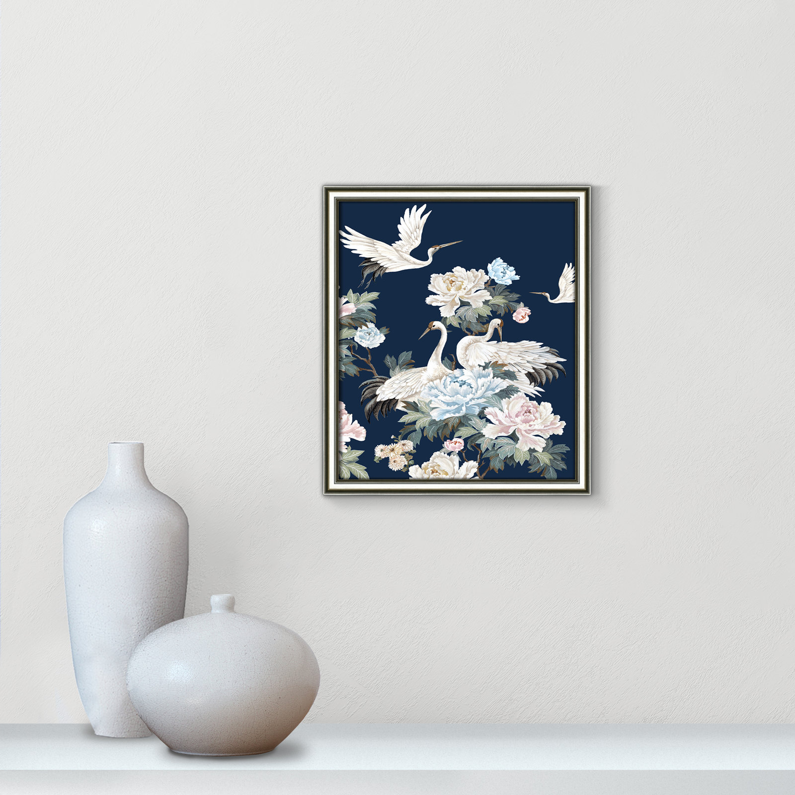 Danbury "Pearly White Cranes II" Painting, 16.25" H x 14.25" W x 0.88" D, Silver