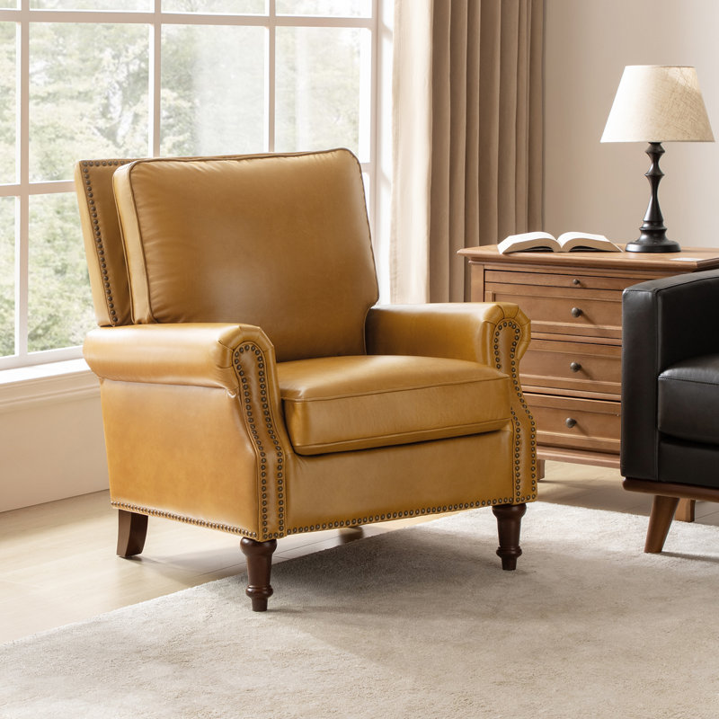 Wajeeh 33"W Mid-Century Modern Buttery Genuine Leather Accent Chair With Solid Wood Legs, Camel Genuine Leather