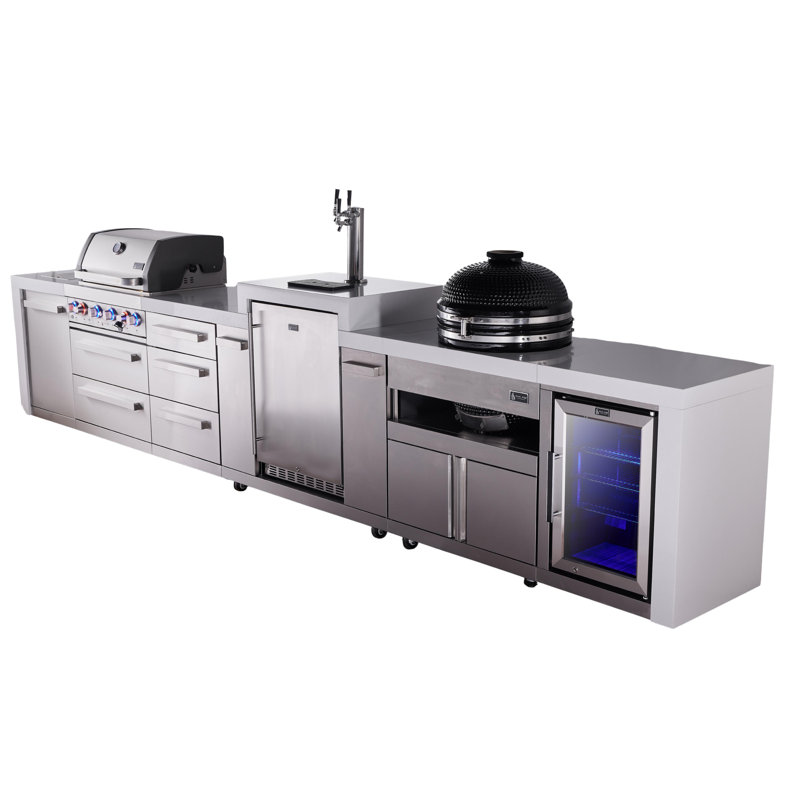 Mont Alpi Premium 4-burner 188" Deluxe Stainless Steel Island Modular Outdoor Kitchen Island Bbq Gas Grill + Infrared Side Burner + Refrigerator + Kegerator + Kamado Cart + Storage Drawers & Cabinets