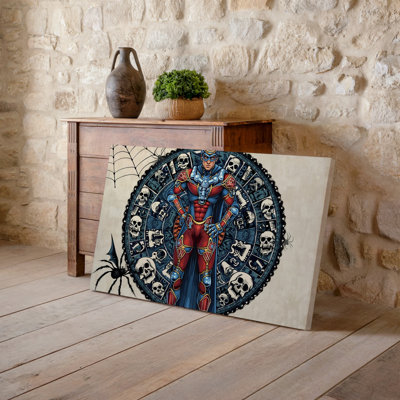 Canvas A Heroic Figure In A Detailed Stylized Superhero Costume Stands Wall Art Confidently At The Center Of The Composition Exuding Canvas Wall Art