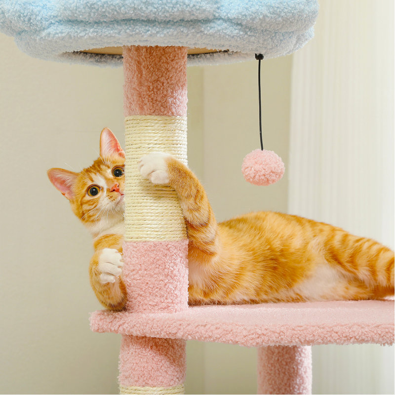 Arbre à chat 47,3 po à plusieurs niveaux avec jolie fleur recouverte de sisal, Bleu