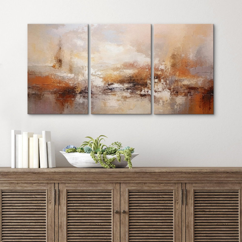 3 pièces modernes et vibrantes à motif abstrait rouge et orange, Toile tendue, H 24 po x l 48 po x P 1,5 po