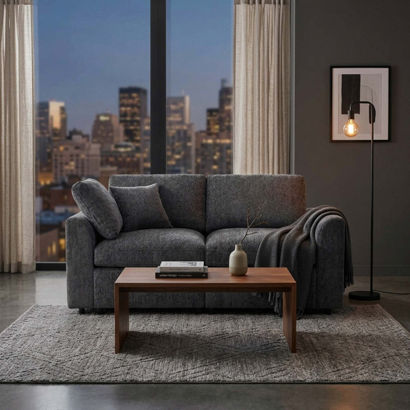 Causeuse moderne en chenille avec assise profonde et coussin décoratif, Gris chenille