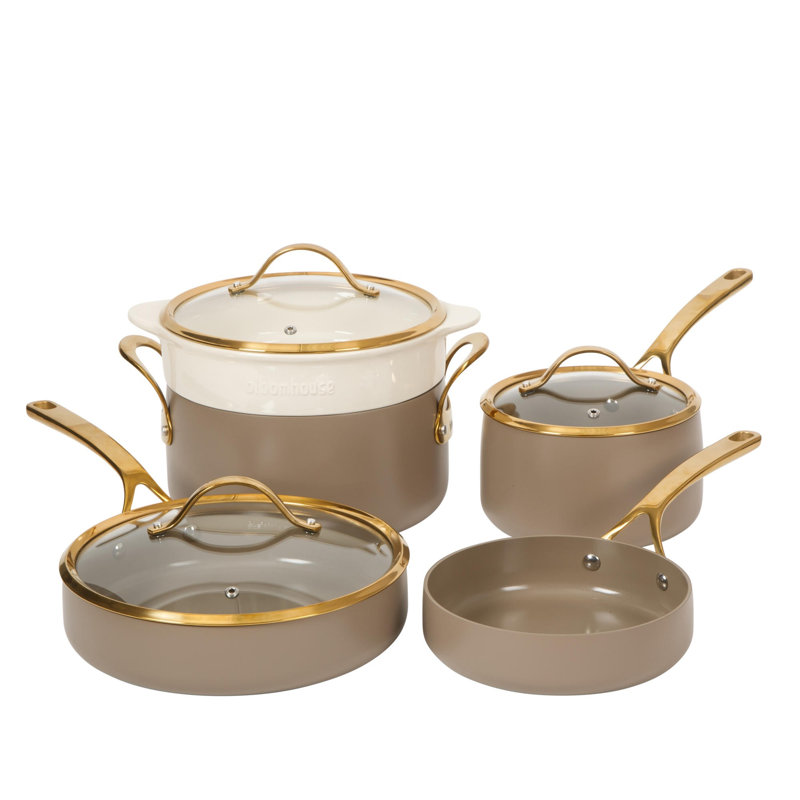 Bloomhouse 8 Piece Pots and Pans Heavy Duty Aluminum Premium PFA Free Ceramic Nonstick Dutch Oven Pot with Lid - Linen White with Gold Handle