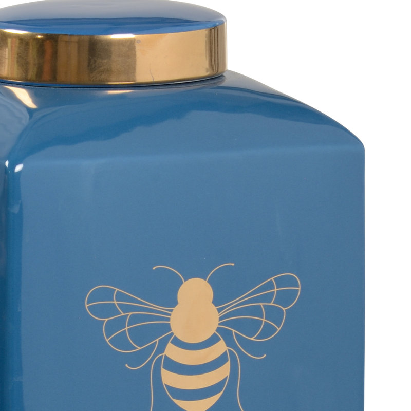 Ceramic Jar, Blue/Gold, 9.5" H x 7" W x 7" D