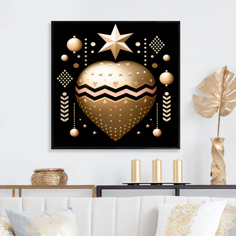 «Golden Geometric Glam Heart» sur impression sur toile, H 16 po x l 16 po x P 1 po, Cadre flottant noir