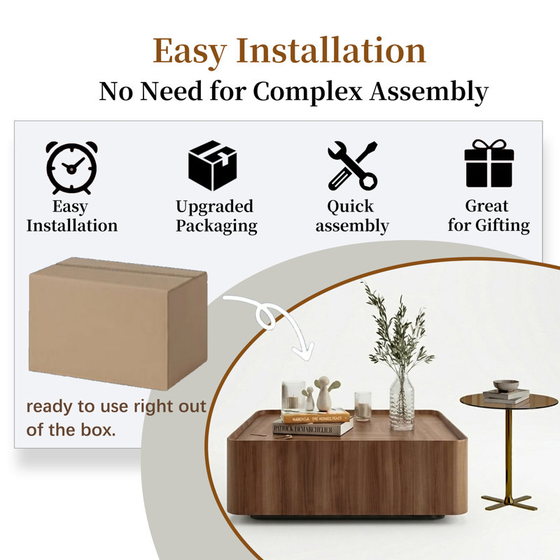 Pre-Assembled Oversize Retro Wooden Elevated Nested Coffee Table Set with 2 Drawer Storage, 39.37" L x 15.75" H Square Walnut Top with Glass Side Table, Mid-Century Coffee Table for Living Room