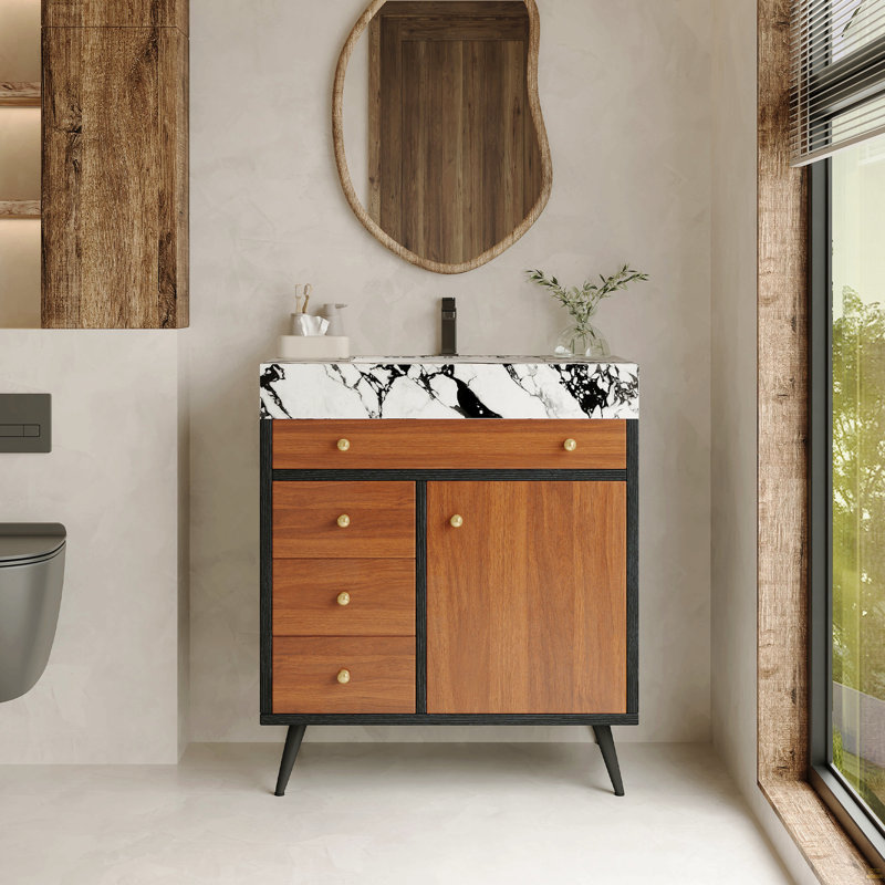 Meuble-lavabo autoportant moderne avec lavabo en céramique et plateau en pierre frittée, White/Black
