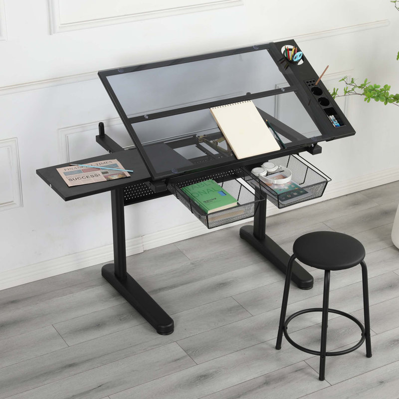 hand crank adjustable drafting table drawing desk with 2 metal drawers (BLACK)WITH STOOL, Black