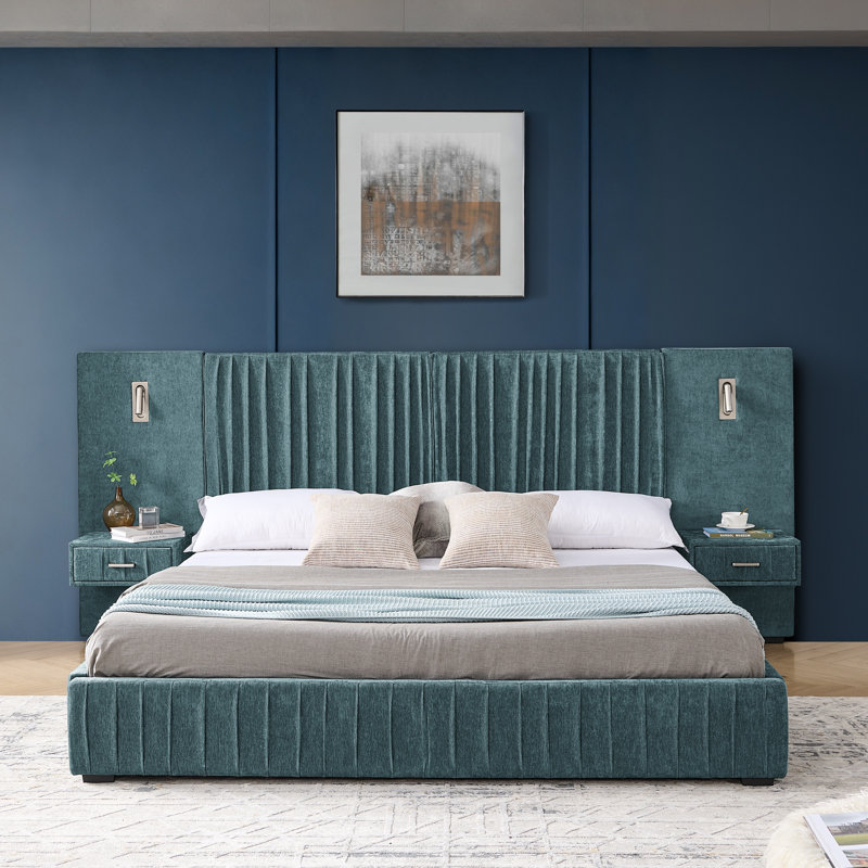 Structure de lit rembourrée avec tissu en chenille avec motif plissé, Bleu / Vert, Très grand