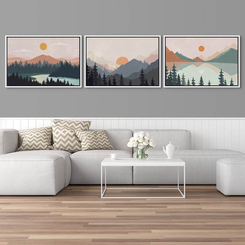 «Woodland Nursery Decor Sunrise Pastel Mountain River Nature Landscape», 3 pièces, Cadre blanc, H 16 po x l 24 po