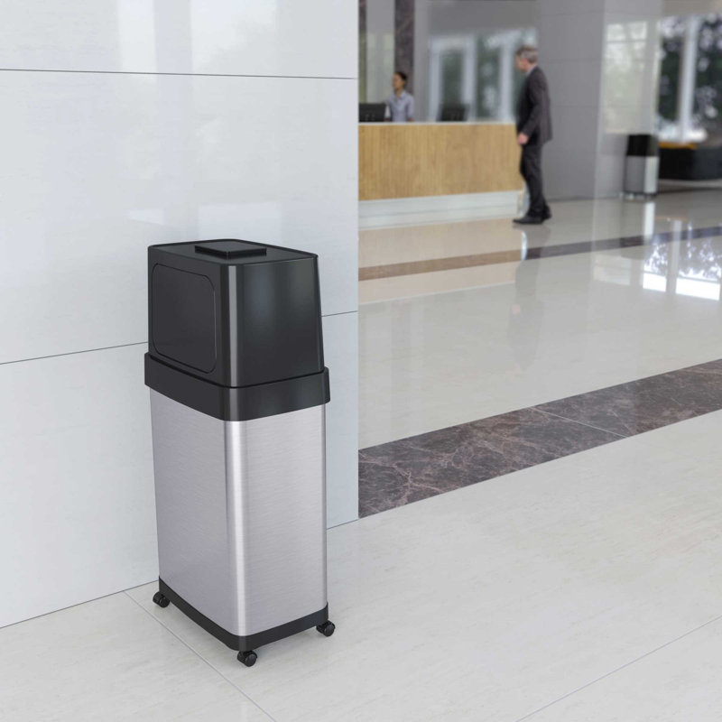 18 Gallon Brushed Stainless Steel Dual Push Lid Trash Can with Wheels