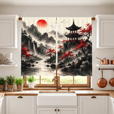2Pcs Japanese Landscape Curtains, serene mountain waterfall and pagoda view, traditional ink wash painting style, light filtering privacy, rod pocket, perfect for living room, bedroom, balcony, kitchen home decor