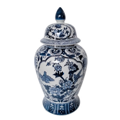18" Ceramic Temple Jar Blue and White Chinoiserie Floral Design Contemporary Decorative Jar