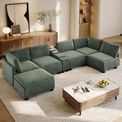 Canapé modulaire en forme de U de 121,2 po avec repose-pieds mobile, canapé-lit convertible en chenille avec rangement caché et ports USB, porte-gobelets et haut-parleur Bluetooth pour salon, appartement, vert