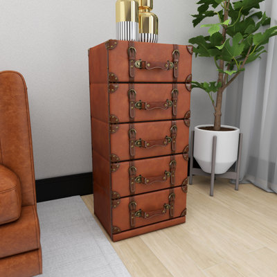 Wood Faux Leather 5 Drawers Chest with Buckle and Strap Detailing