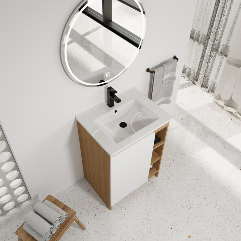  Meuble-lavabo autoportant 24 po, lavabo en céramique, chêne clair, tablettes ouvertes à 4 niveaux