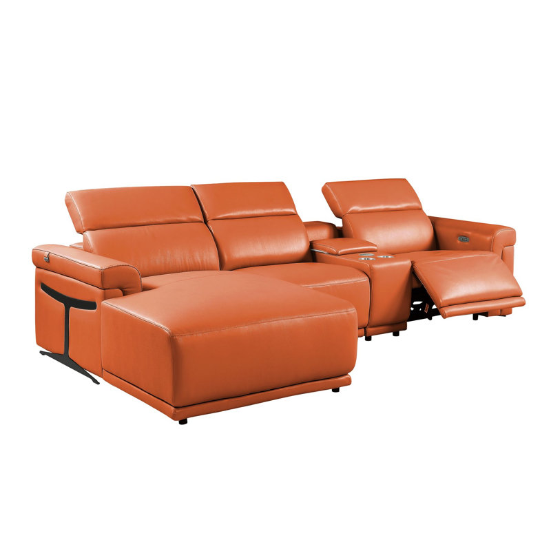 Canapé modulaire en cuir italien 4 pièces Camel faisant face à la gauche avec 1 fauteuil inclinable électrique et appuis-tête réglables Camel