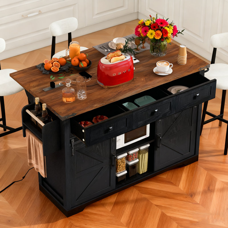 53.7" W Wood Kitchen Island with Drop Leaf, Black