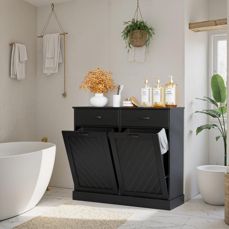 Armoire poubelle à double basculement 15 gallons, finition texturée, rangement caché pour la cuisine et le salon - noir, Noir