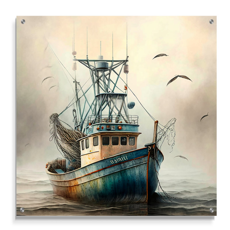 Bateau de pêcheur sur l'océan II - décor d'art mural bateau côtier, H 16 po x l 16 po