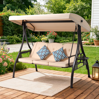 3 Seat Outdoor Patio Swing With Adjustable Canopy, 3-In-1 Convertible Swing Bed With Non-Slip Cushion & Cup Holders, Heavy Duty 750 LBS Capacity For Adults, Yard Deck Garden Porch