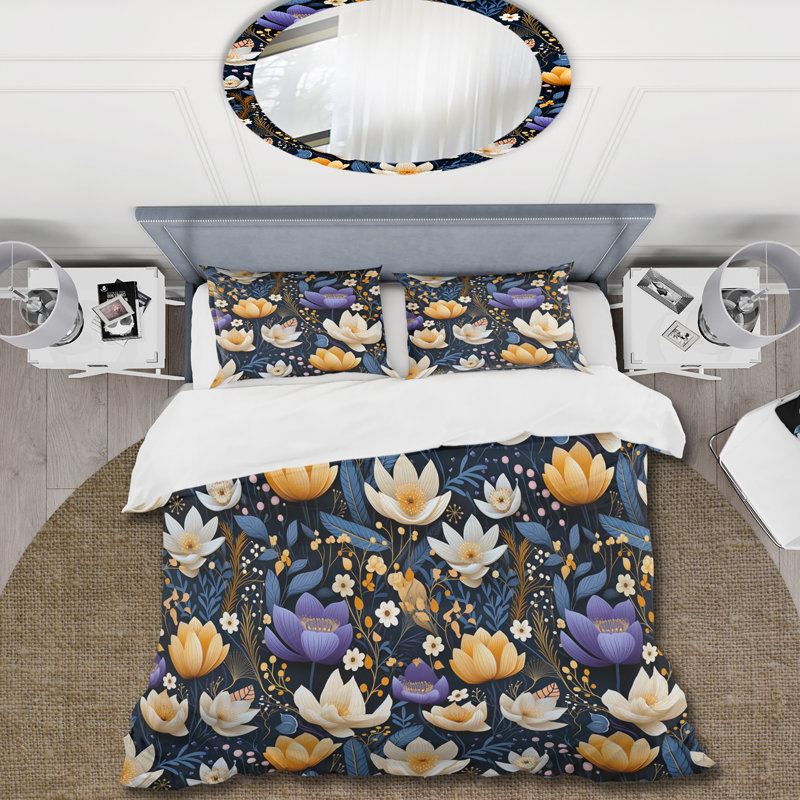 Blue And Beige Bohemian Elegant Floral Pattern I - Ensemble de housse de couette à motif floral