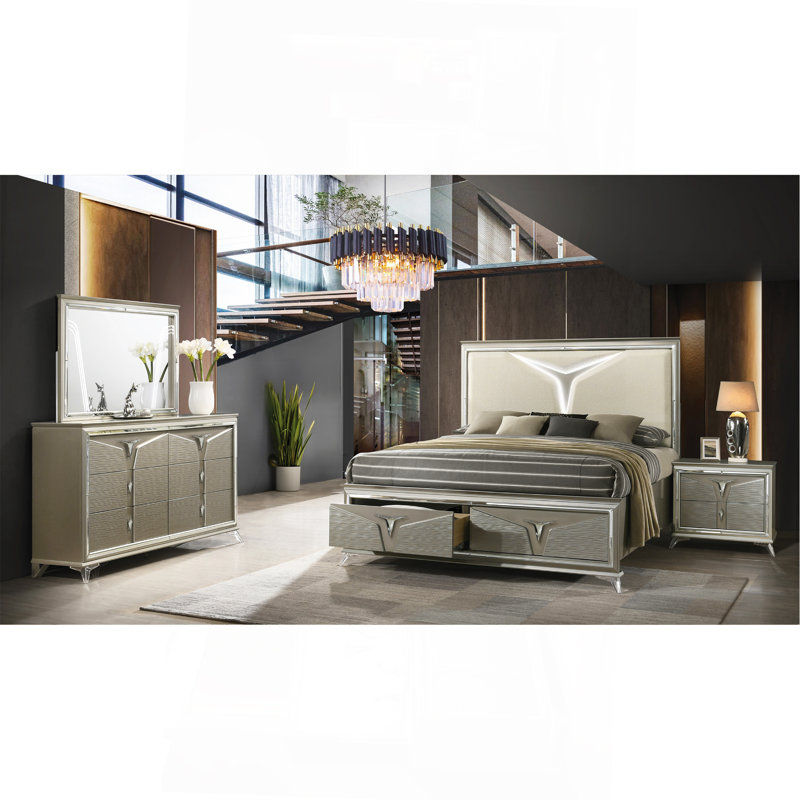 Ensemble de chambre à coucher 4 pièces et tête de lit à DEL de style moderne, Très grand lit