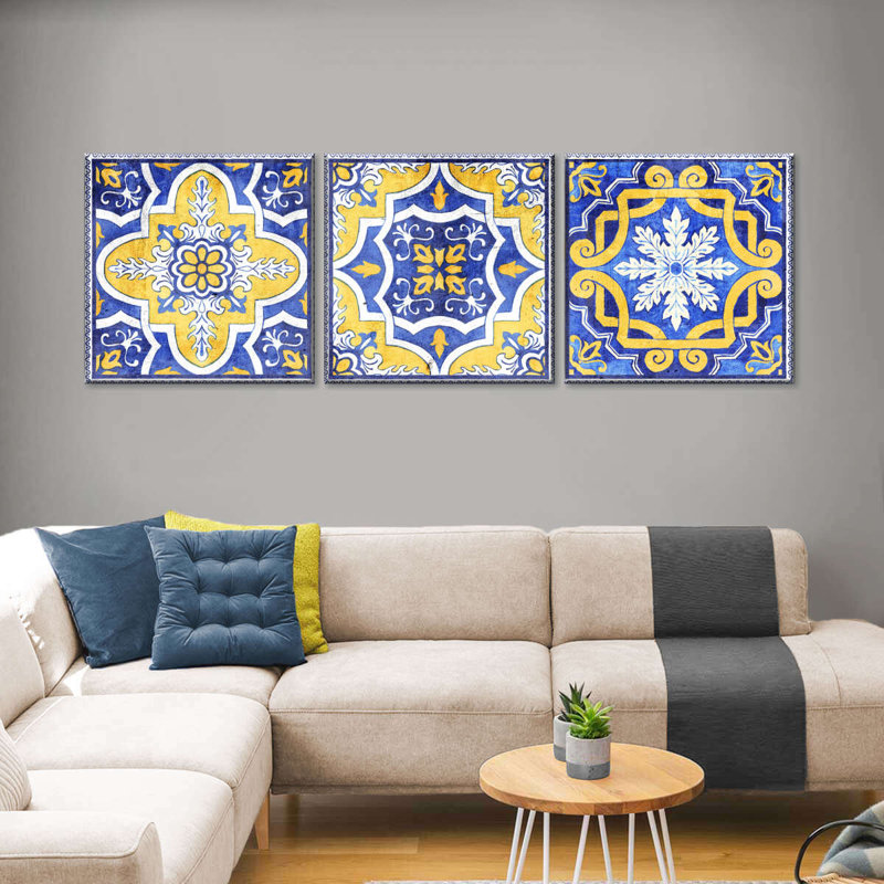 Ensemble de 3 carreaux sur toile Ritzy Azulejo, H 12 po x l 38 po x P 1,25 po